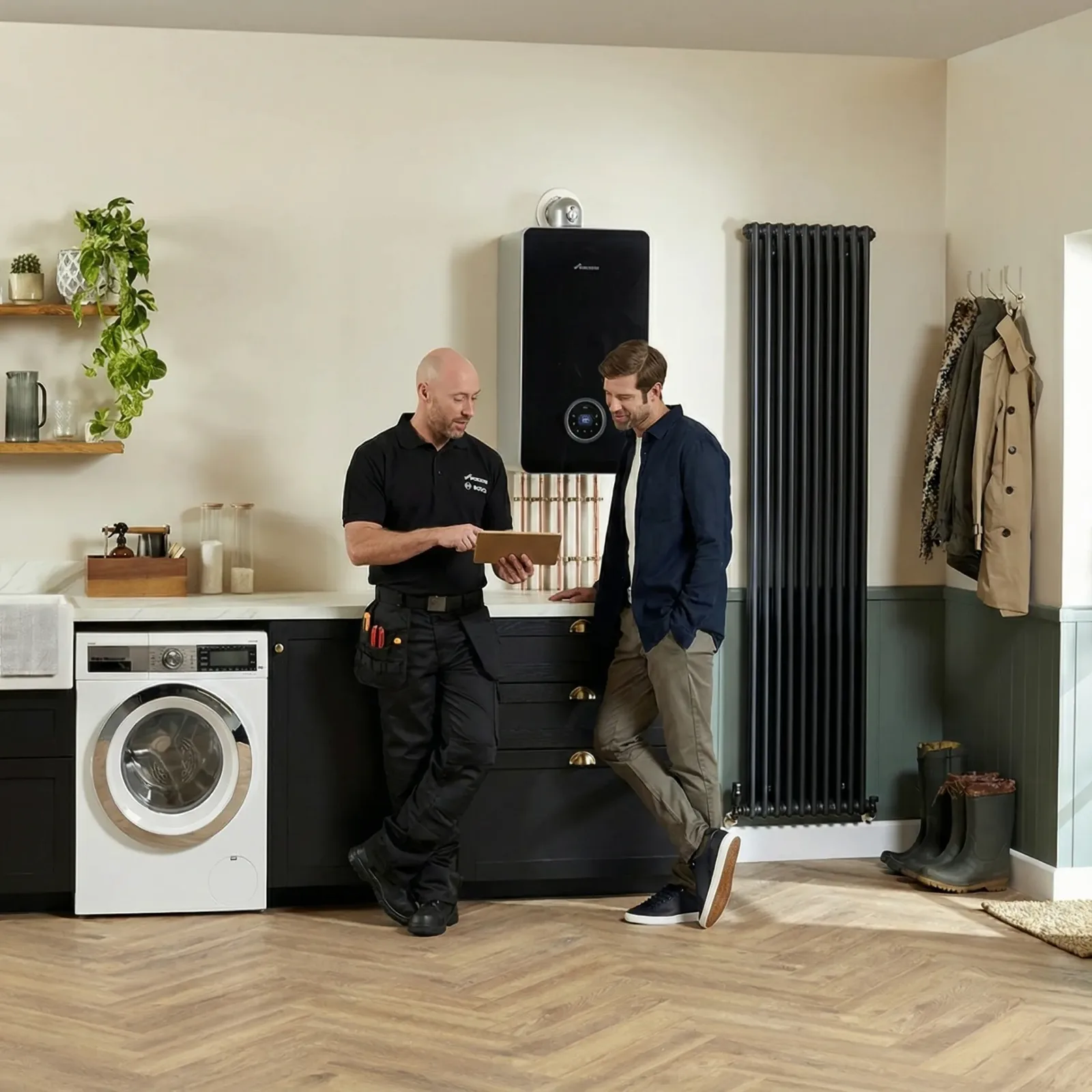 Thames Boilers engineer servicing a boiler with tablet